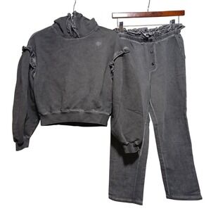 Something Navy Women's XS Gray Ruffle Trim Hoodie Sweatshirt and‎ Pants Set